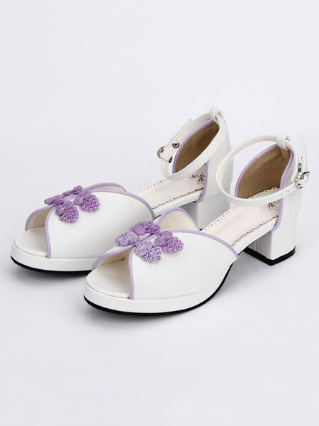Sweet Lolita Shoes Chinese Style White Peep Toe Ankle Strap Heeled Lolita Sandals