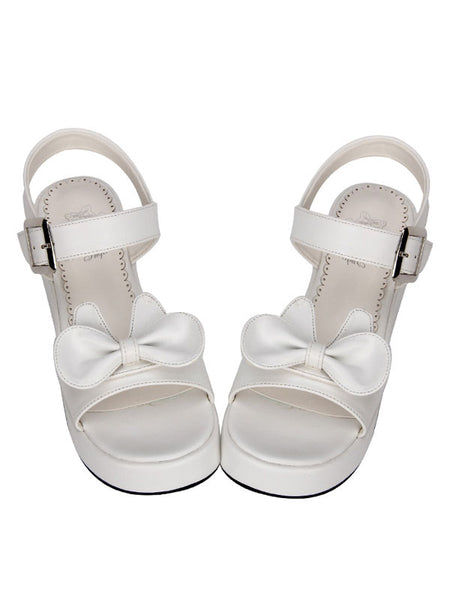 Sweet Lolita Shoes Open Toe Wedge Heel Bows PU Flat White Lolita Sandals