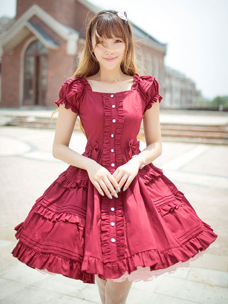 Classical Lolita Dress Layered Ruffles Lolita Dress Short Sleeves Lolita Op Dress With Bows