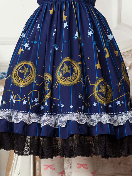 Classic Lolita JSK Dress Printed Bows Ruffles Blue  Lolita Jumper Skirts