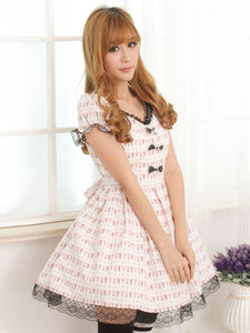 Light Pink White Lolita OP Dress Short Sleeves Lace Trim Bows