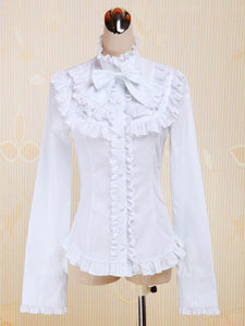 White Cotton Lolita Blouse Long Sleeves Stand Collar Lace Trim Ruffles Bow