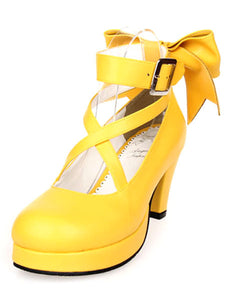 Sweet Lolita Shoes Platform Heels Bow Round Toe Cross Front Lolita Pumps