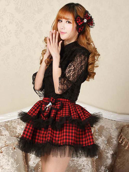 Classic Lolita SK Bow Plaid Ruffle Lace Red Lolita Skirt