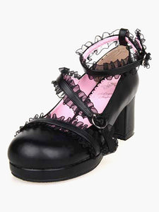 Matte Black Lolita Chunky Heels Shoes Lace Trim Ankle Straps Buckles