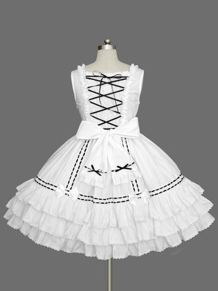 Sweet Lolita JSK Dress Lace Up Bow Ruffle Cotton Black Lolita Jumper Skirt