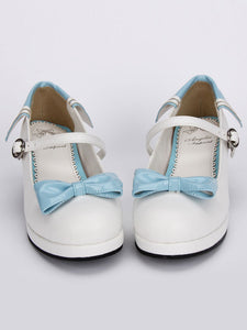 White Lolita Chunky Heels Shoes Blue Bows Round Buckle Ankle Strap