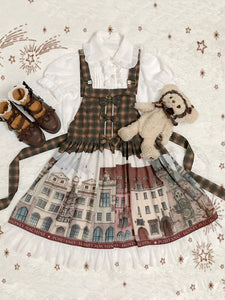 Classic Lolita JSK Dress Small House Print Ruffle Bow Cotton Linen Lolita Jumper Skirt