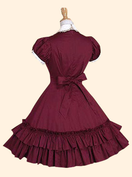 Sweet Lolita Dress OP Burgundy Stand Collar Short Sleeve Lolita One Piece Dress
