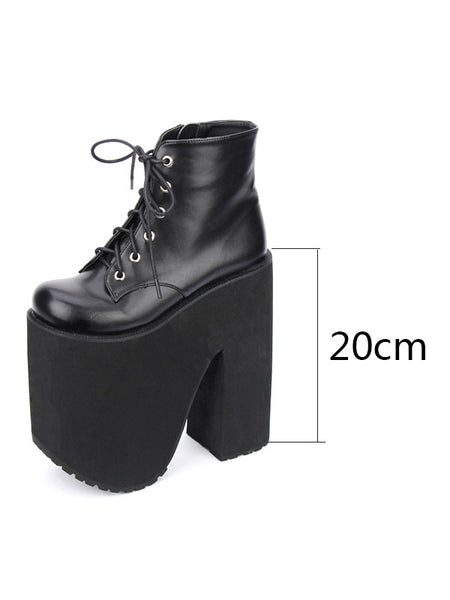Black Lolita Booties Platform Chunky Heel Round Toe Lace Up Lolita Short Boots