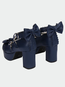Navy Blue Lolita Chunky Pony Heels Shoes Platform Ankle Straps Bows Heart Shape Buckles