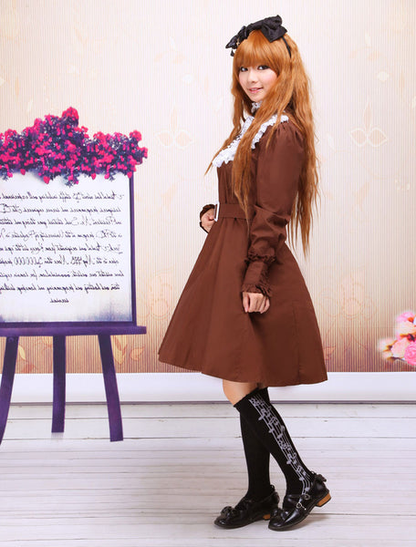 Coffee Cotton Stand Collar Long Sleeves Classic Lolita Dress