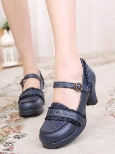 Classic Lolita Footwear Ruffle PU Chunky Heel Deep Blue Lolita Shoes