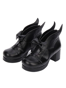 Gothic Lolita Shoes Round Toe Chunky Heel Suede Leather Bows Black Lolita Pumps