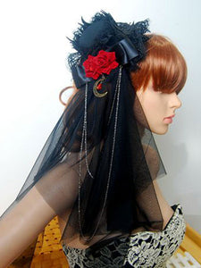 Gothic Lolita Veil Tulle Lace Trim Hat Floral Two Tone Bow Black Lolita Headdress