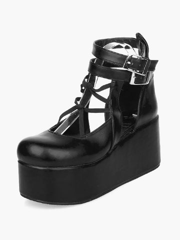 Black Lolita High Platform Shoes Ankle Straps PU Leather