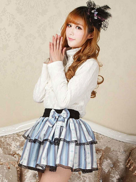 Classic Lolita SK Bow Ruffle Print Lace Light Blue Lolita Skirt