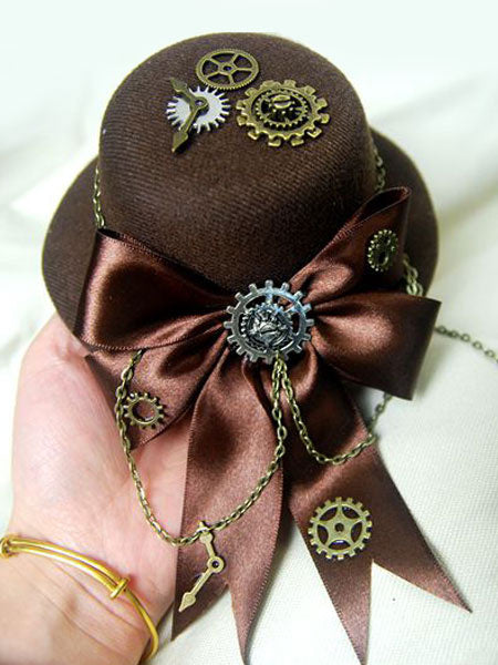 Steampunk Lolita Hat Tweed Satin Bow Metallic Chain Dark Brown Lolita Hair Accessory