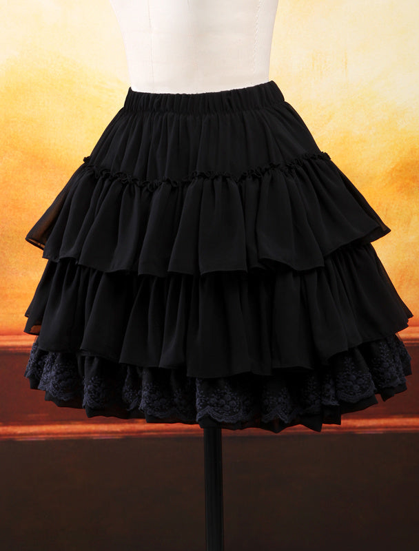 Black Chiffon Lolita Skirt Layers Ruffles Lace Trim