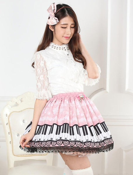 Sweet Pink Piano Print Lolita Skirt Lace Trim
