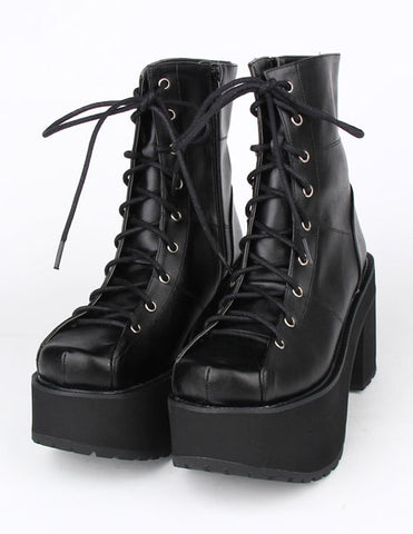 Black Lace Up PU Lolita Boots for Girls
