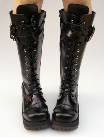Black Lolita Boots Platform Chunky Heel Lace Up Cross Front Buckle Round Toe Lolita Short Boots