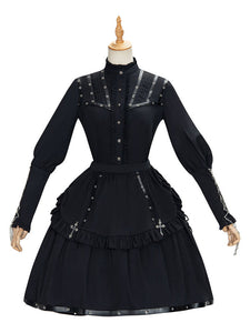Academic Lolita 2-Piece Set Black Lace Up Grommets Long Sleeves Overskirt Blouse Outfits