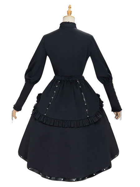 Academic Lolita 2-Piece Set Black Lace Up Grommets Long Sleeves Overskirt Blouse Outfits