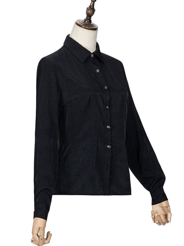 Academic Lolita Blouses Black Long Sleeves Polyester Lolita Top Ruched Beaded Lolita Shirt
