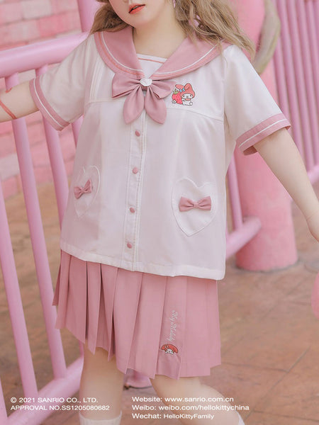 Academic Lolita Blouses Bows Sailor Collar Short Sleeves Pink Lolita Shirt