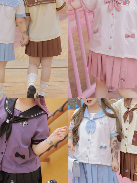 Academic Lolita Blouses Bows Sailor Collar Short Sleeves Pink Lolita Shirt