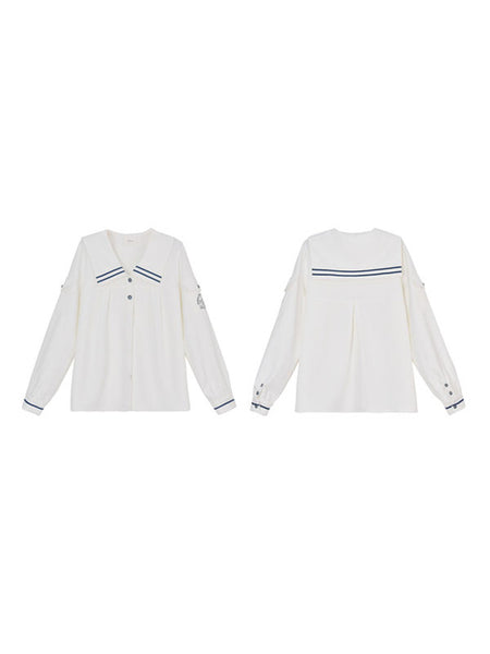 Academic Lolita Blouses Long Sleeves Navy Collar White Sweet Lolita Top Lolita Shirt