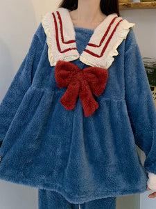 Academic Lolita Coats Blue Bows Sailor Collar Polyester Pants Overcoat Winter Lolita Outwears