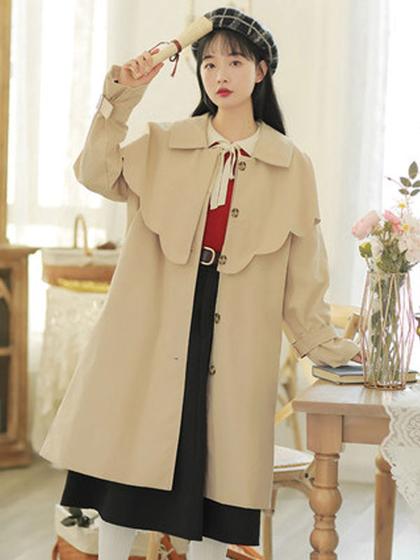 Academic Lolita Coats Khaki Polyester Long Sleeve Turn Collar Overcoat Winter Lolita Outwears