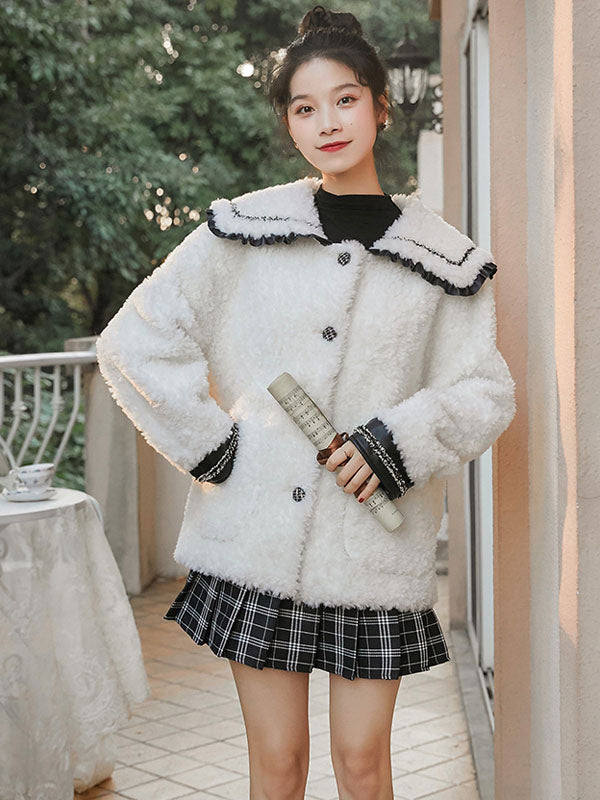 Academic Lolita Coats White Polyester Sailor Collar Long Sleeve Overcoat Winter Lolita Outwears