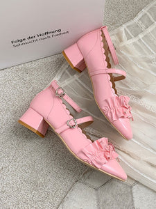 Academic Lolita Footwear Apricot Bows Square Toe Patent PU Upper Lolita Pumps