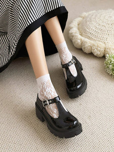 Academic Lolita Footwear Black PU Leather Chunky Heel Lolita Pumps
