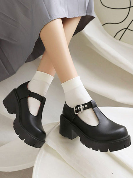 Academic Lolita Footwear Black PU Leather Chunky Heel Lolita Pumps