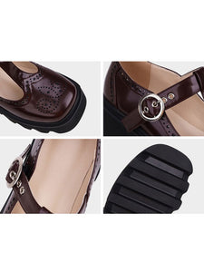 Academic Lolita Footwear Black PU Leather Wedge Heel Lolita Pumps