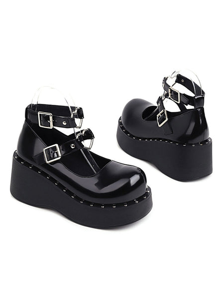 Academic Lolita Footwear Black PU Leather Wedge Heel Lolita Shoes