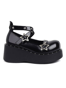Academic Lolita Footwear Black PU Leather Wedge Heel Lolita Shoes
