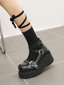 Academic Lolita Footwear Black Round Toe PU Leather Lolita Shoes