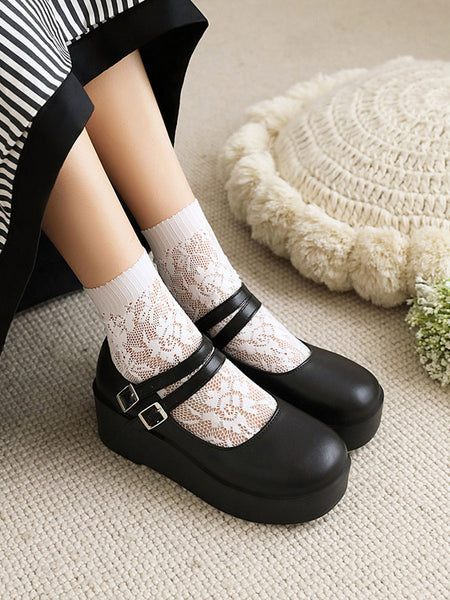 Academic Lolita Footwear Black Round Toe Wedge Heel PU Leather Lolita Pumps