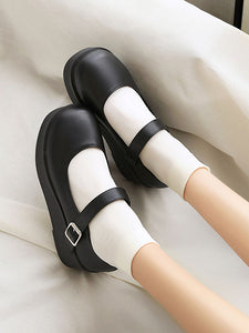 Academic Lolita Footwear Black Round Toe Wedge Heel PU Leather Lolita Pumps