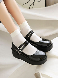 Academic Lolita Footwear Black Round Toe Wedge Heel PU Leather Lolita Shoes