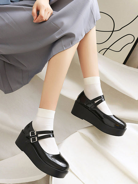 Academic Lolita Footwear Black Round Toe Wedge Heel PU Leather Lolita Shoes