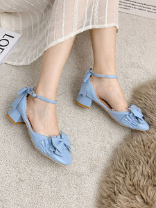 Academic Lolita Footwear Blond Bows PU Leather Chunky Heel Lolita Pumps