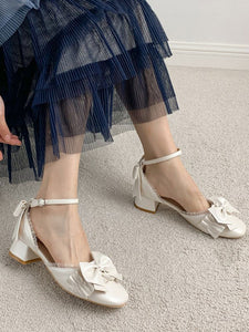 Academic Lolita Footwear Blond Bows PU Leather Chunky Heel Lolita Pumps