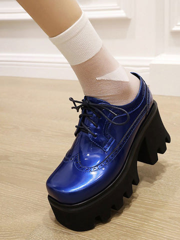 Academic Lolita Footwear Blue PU Leather Round Toe Lolita Pumps