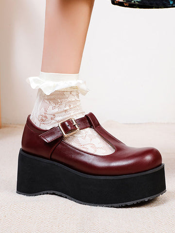 Academic Lolita Footwear Burgundy Round Toe PU Leather Daily Casual Lolita Shoes